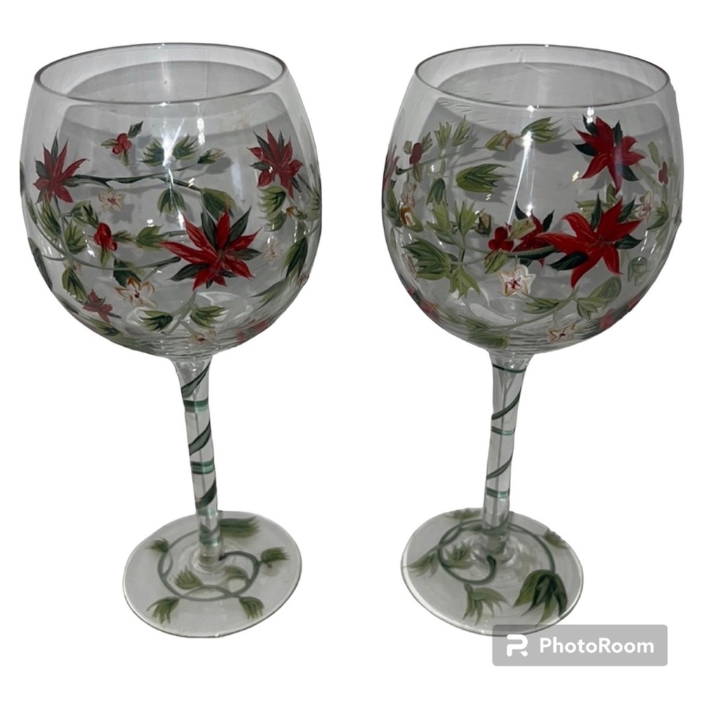 2 Hand Painted Red flowwers green stems Wine Glasses